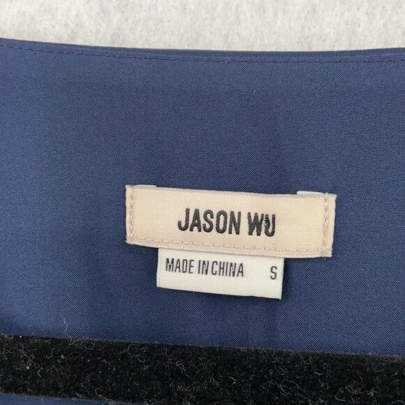 Jason Wu Navy Blue Satin Ruffled Peplum Button Pullover Blouse Size Small - Picture 3 of 9